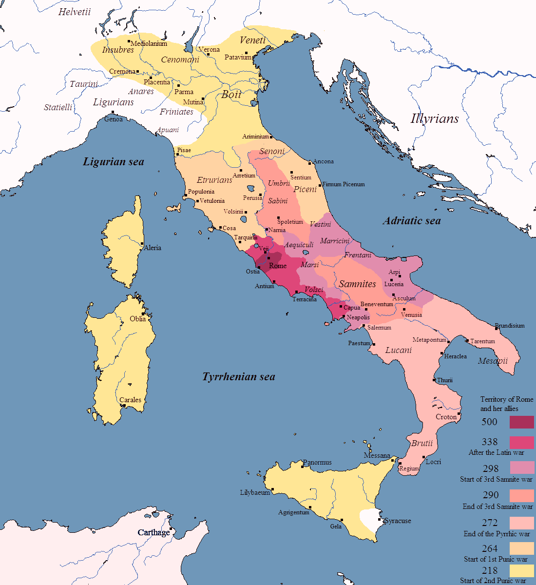 The expansion of the Roman Republic from the 5th to the 3rd centuries BCE.