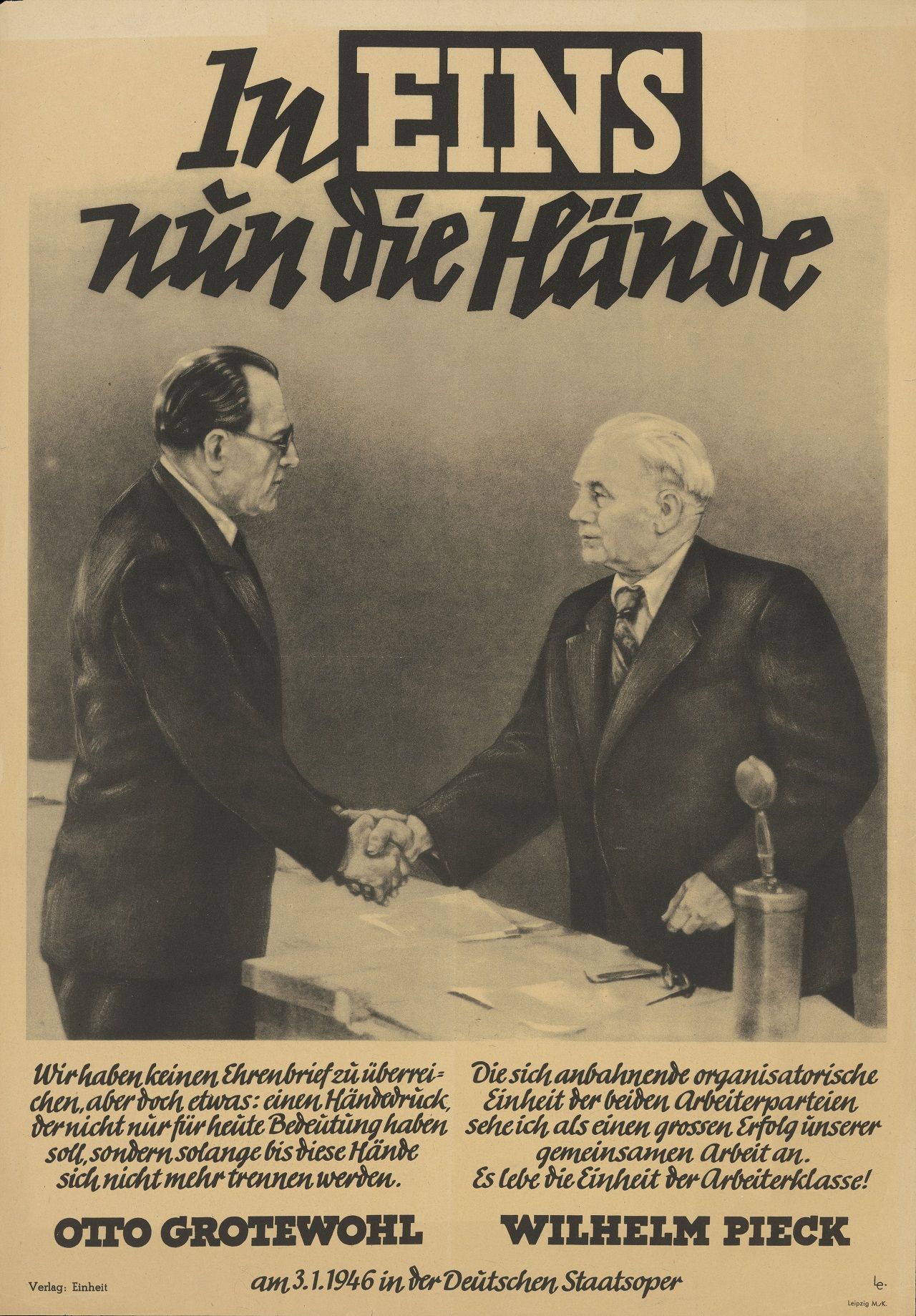 Handshake of the leaders of the SPD and KPD, symbolizing their merger into the SED. Source: dhm.de/lemo